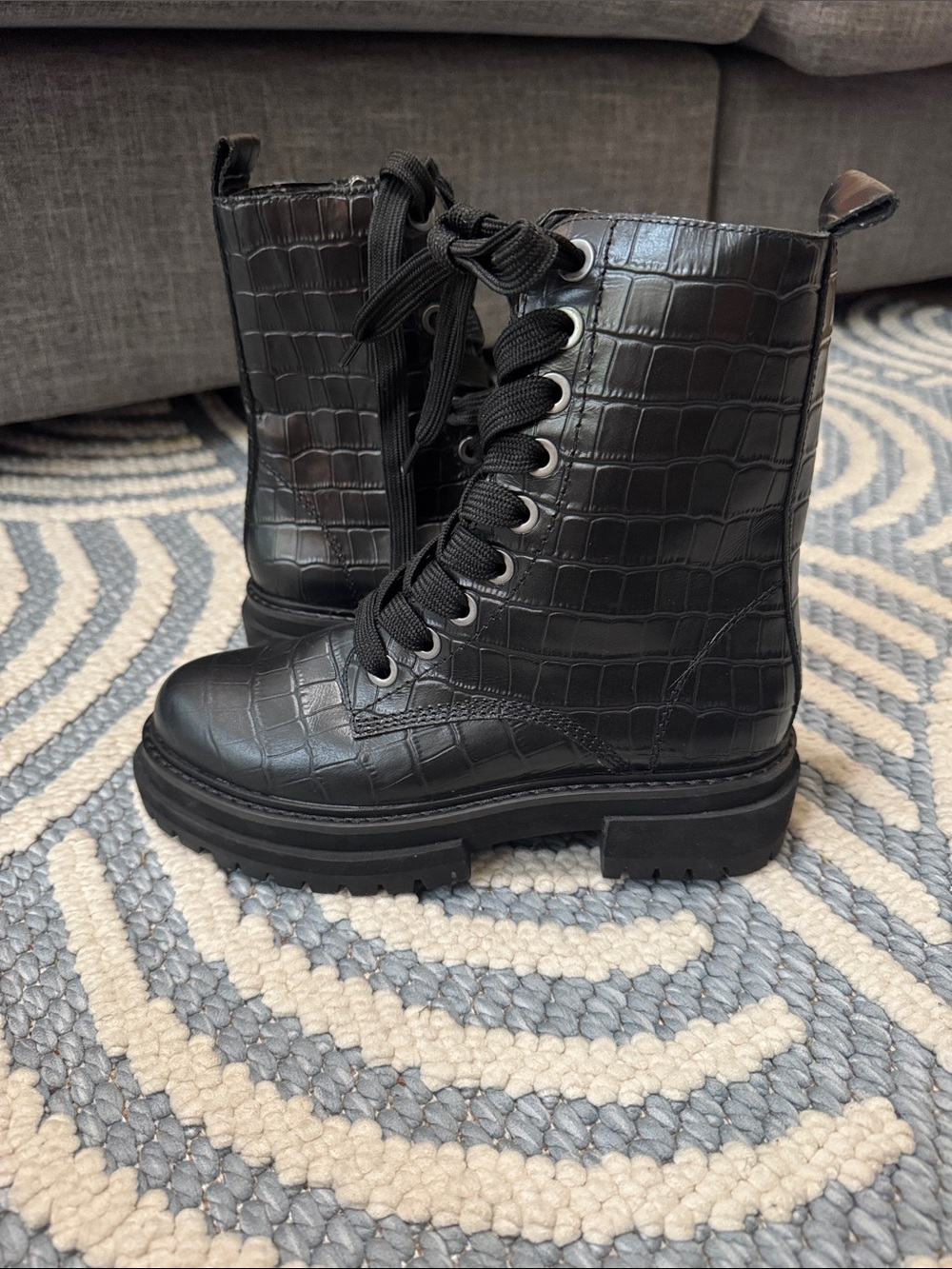 Kurt Geiger Black Croc Embossed Leather Combat Boots EU 36 - Picture 1 of 8